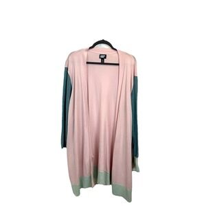 Lands End Cardigan 3X 24W 26W Open Gauge Cotton Knit Long Colorblock‎ Tea Rose